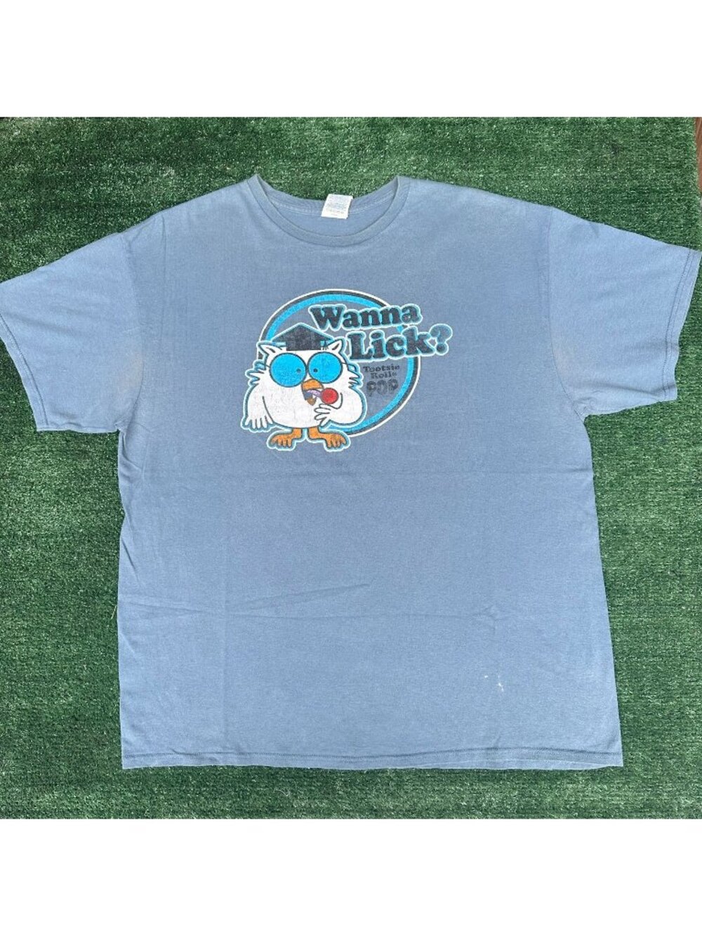 Vintage Y2K Tootsie Roll Pop Owl T-Shirt Gray Blue XL Ironic Funny Humor Grunge
